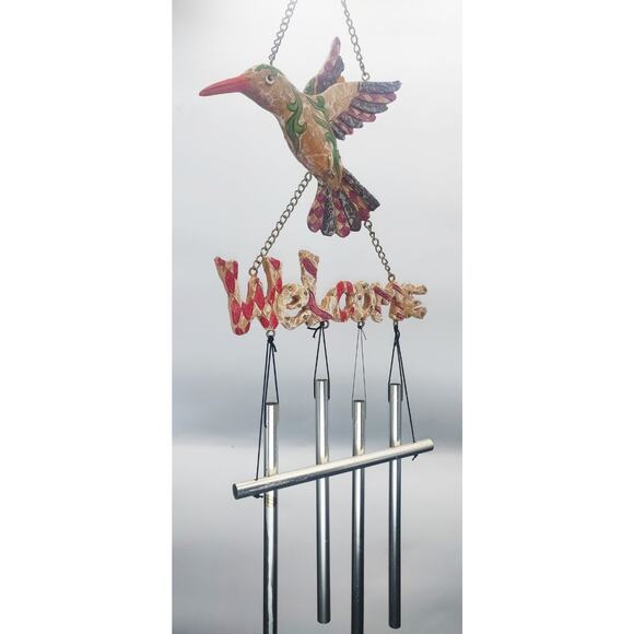 Handcrafted Hummingbird “Welcome” Metal Wind Chime – Outdoor Garden Decor - Picture 1 of 3